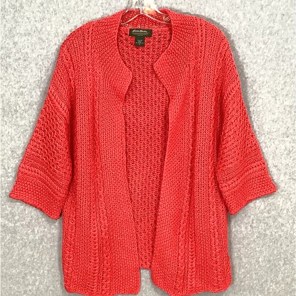 Eddie Bauer 100% Linen Open Knit Sweater Size M Crochet Cardigan Vintage - Picture 3 of 13